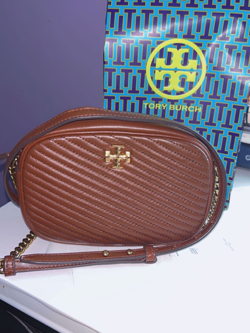 Tory Burch Brown Quilted Leather Mini Crossbody with Gold Logo